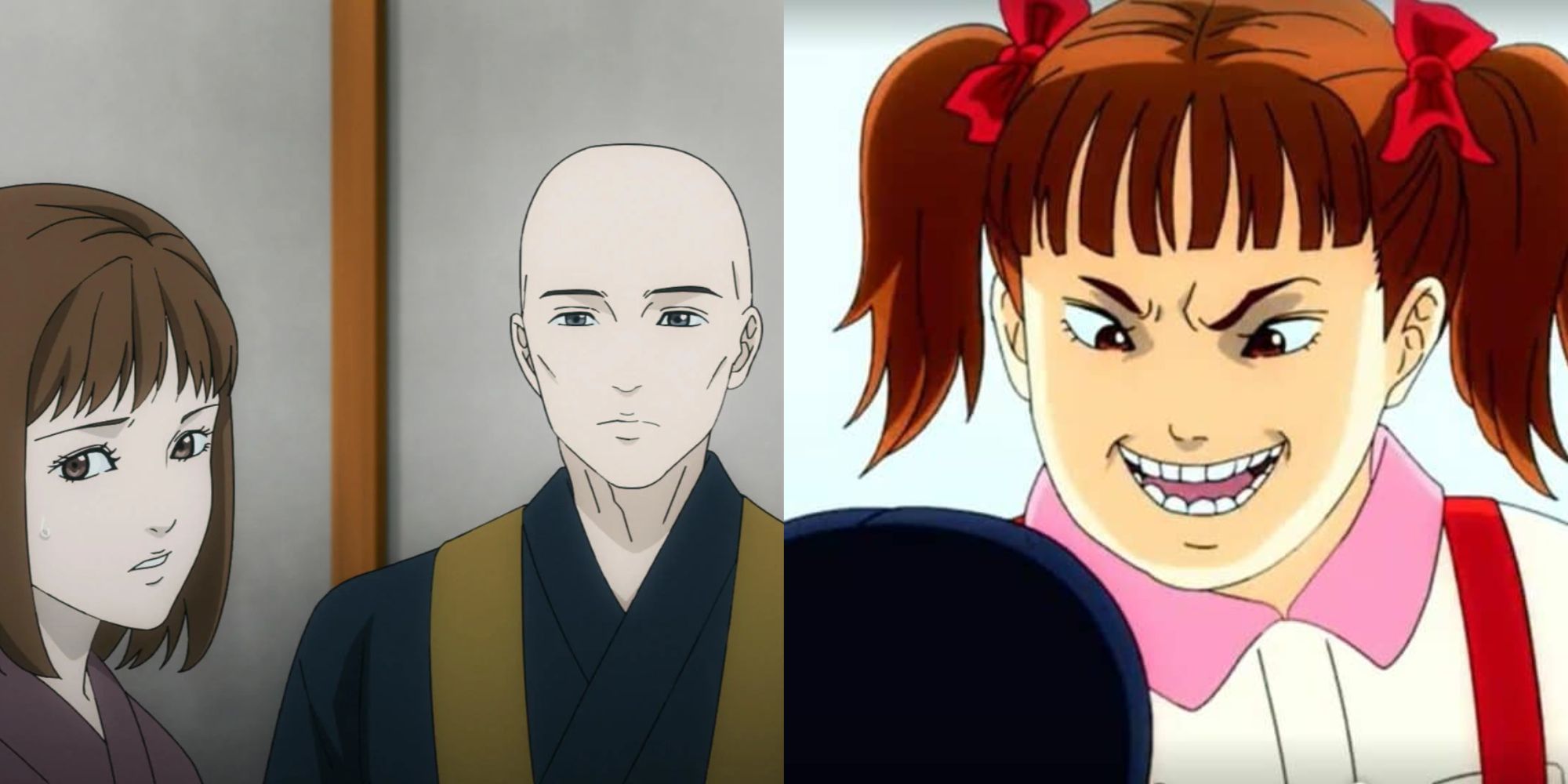 Anime - a woman with short brown hair and a bald monk, a young girl with a creepy face and pigtails