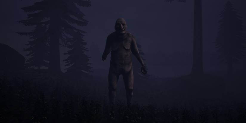 A troll stands in a dark woods, looking directly at the player.