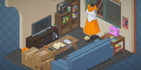 A living room with boxes that are being unpacked in Unpacking