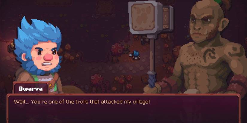 The protagonist Dwerve speaking with a troll in Dwerve