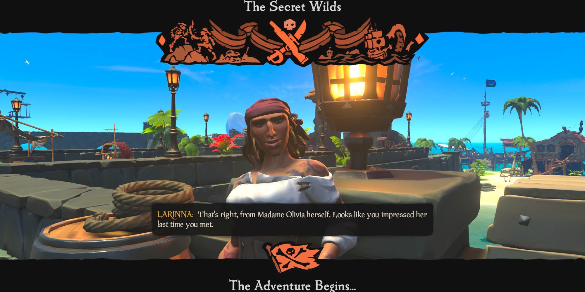 Beginning the Secret Wilds talking to Larinna at New Golden Sands Outpost in Sea of Thieves