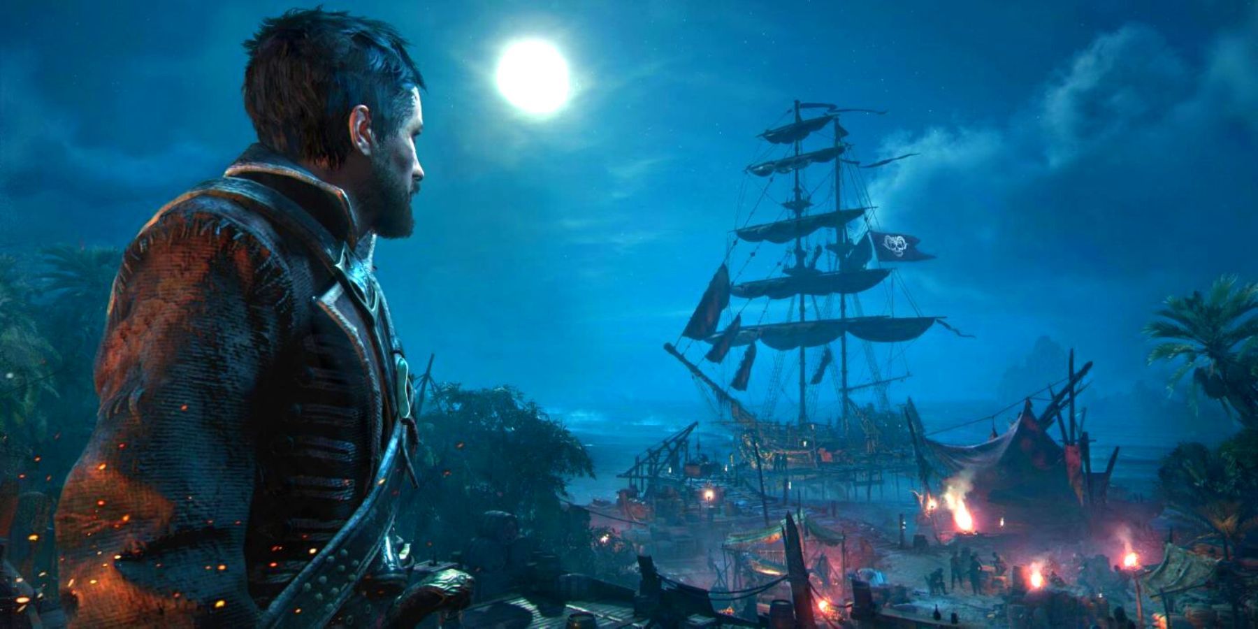 A pirate and ship at night in Skull and Bones