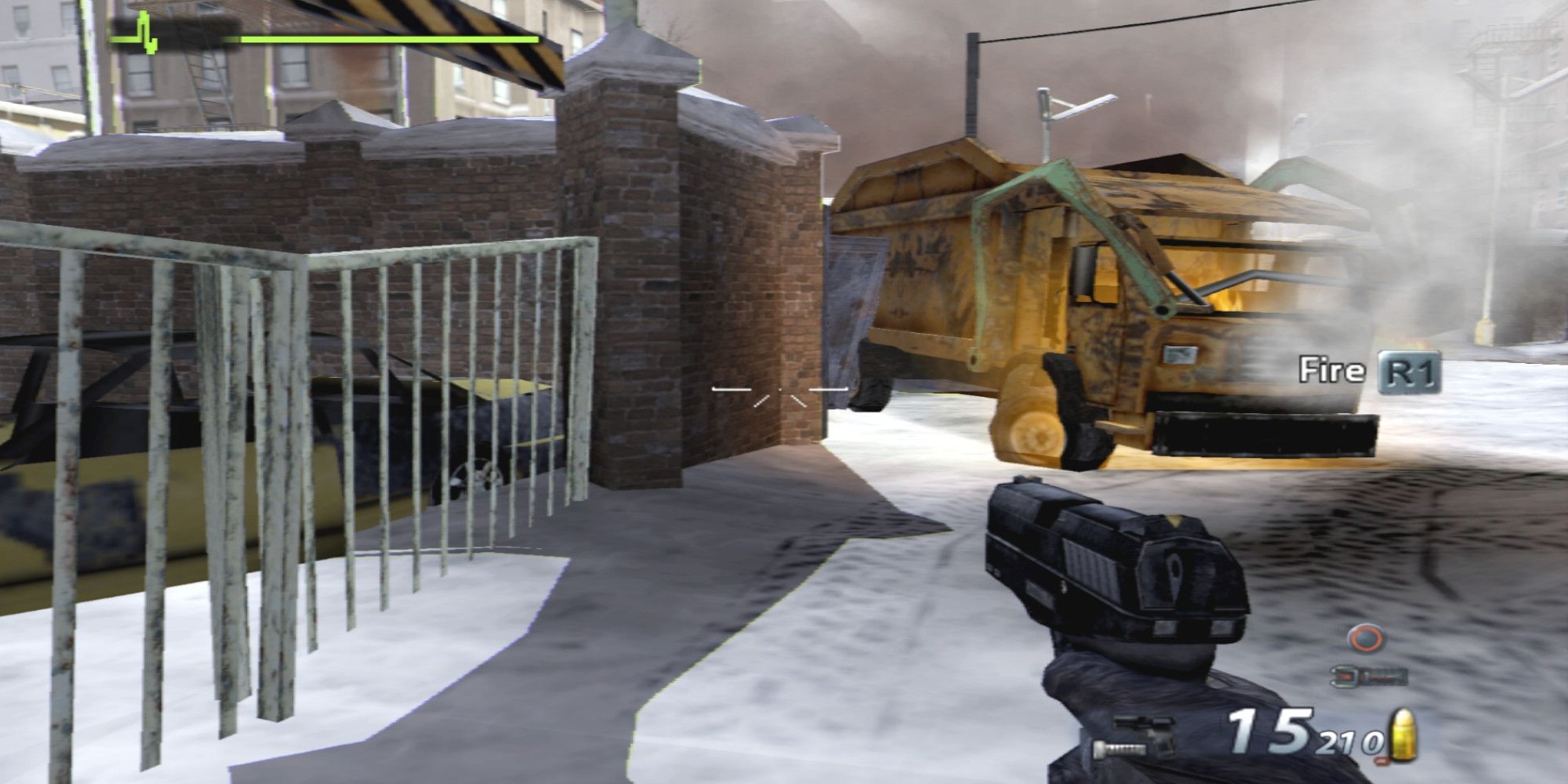 Player aims a pistol at a wall