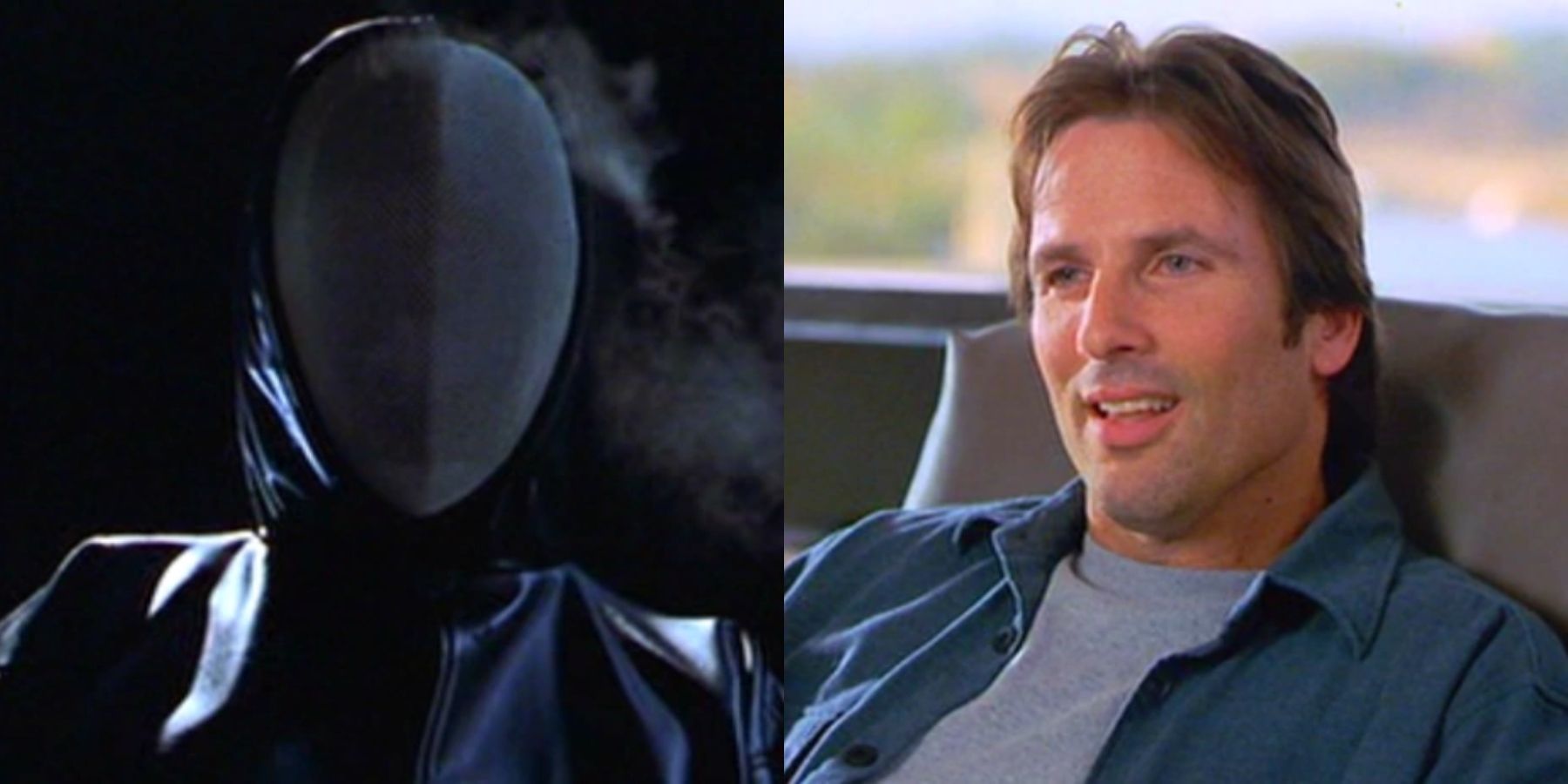 Split image of Soloman in a mask and costume and sitting in class in Urban Legend: Final Cut