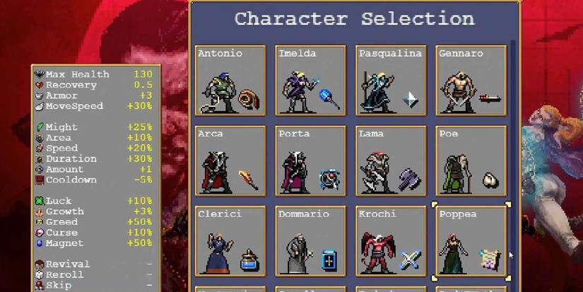 Vampire Survivors, character selection