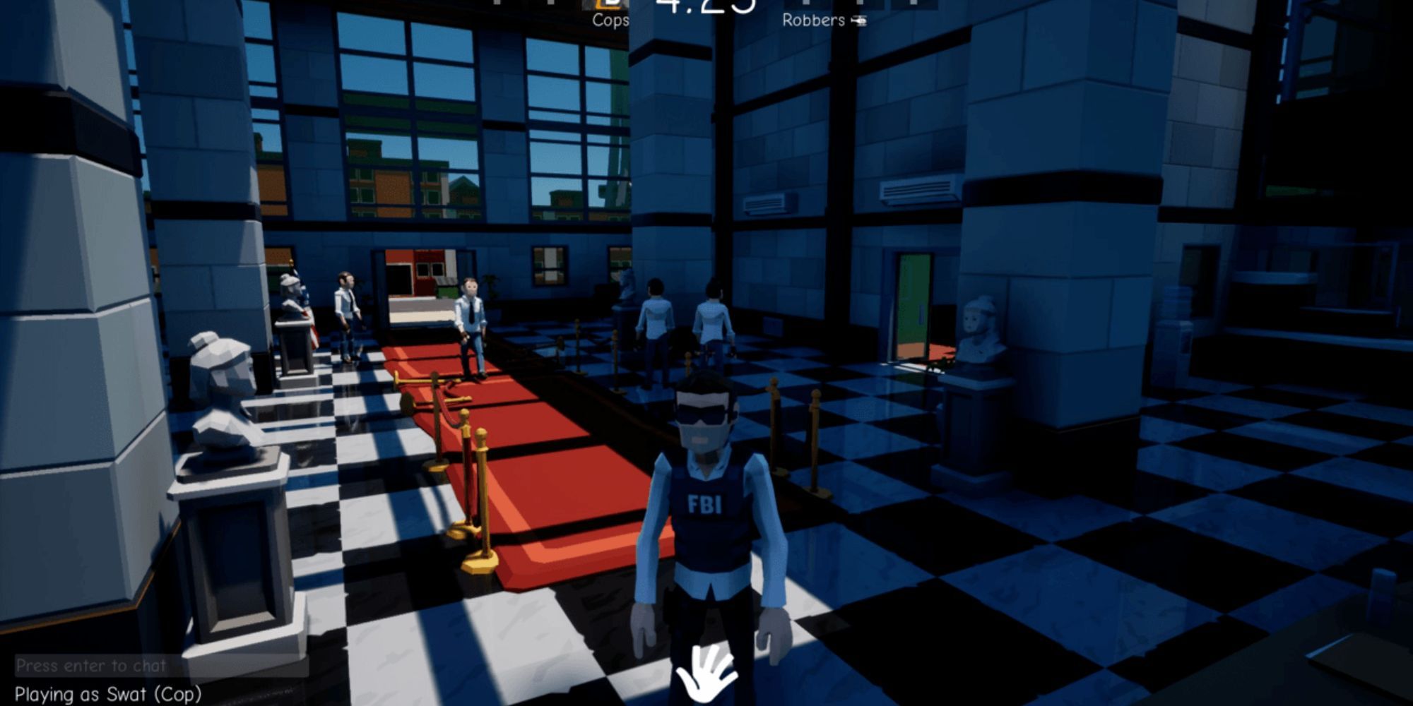 View of a character wearing an FBI vest inside a bank's lobby in Perfect Heist 2