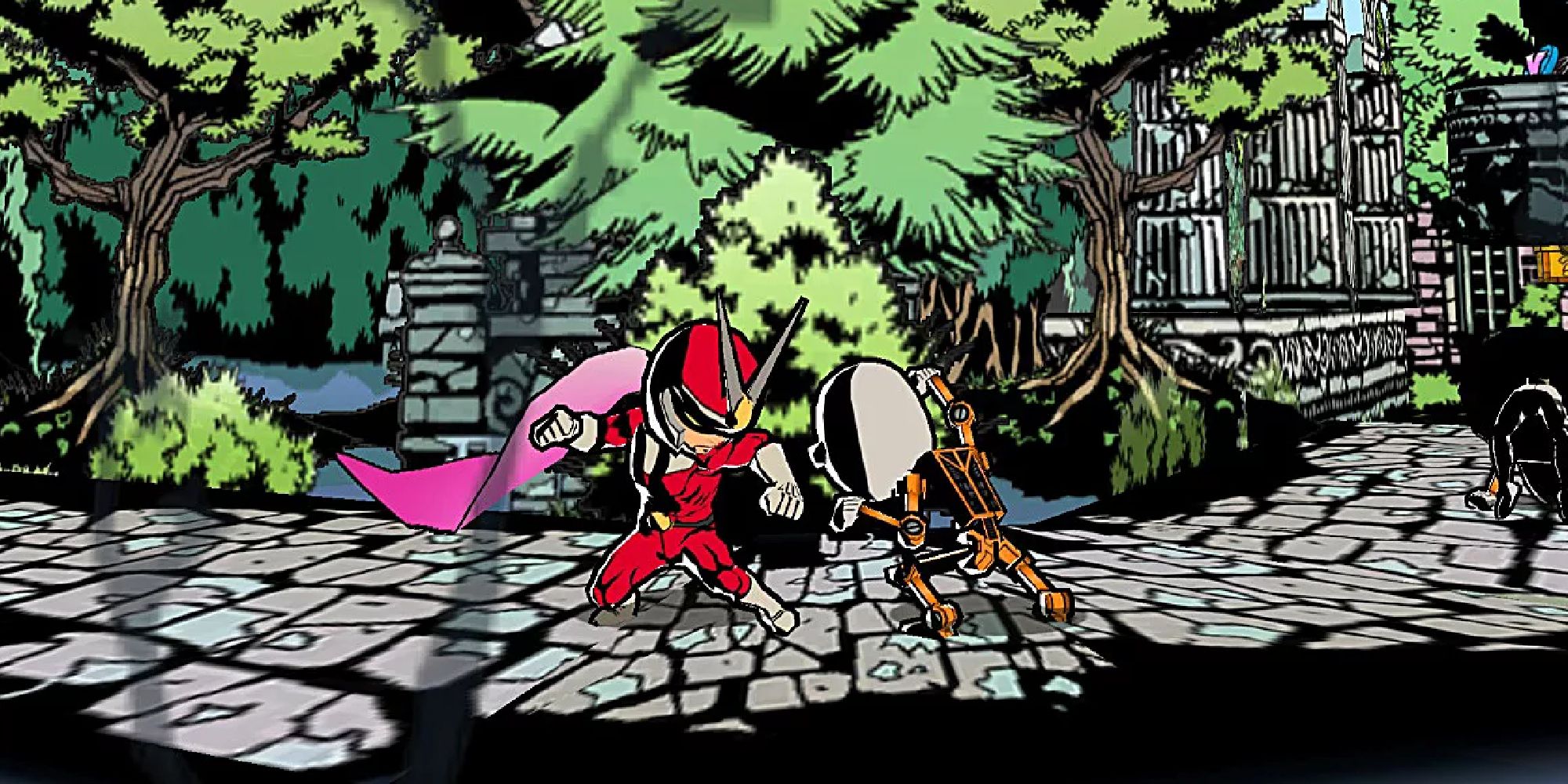 Viewtiful Joe winding up to punch a robot