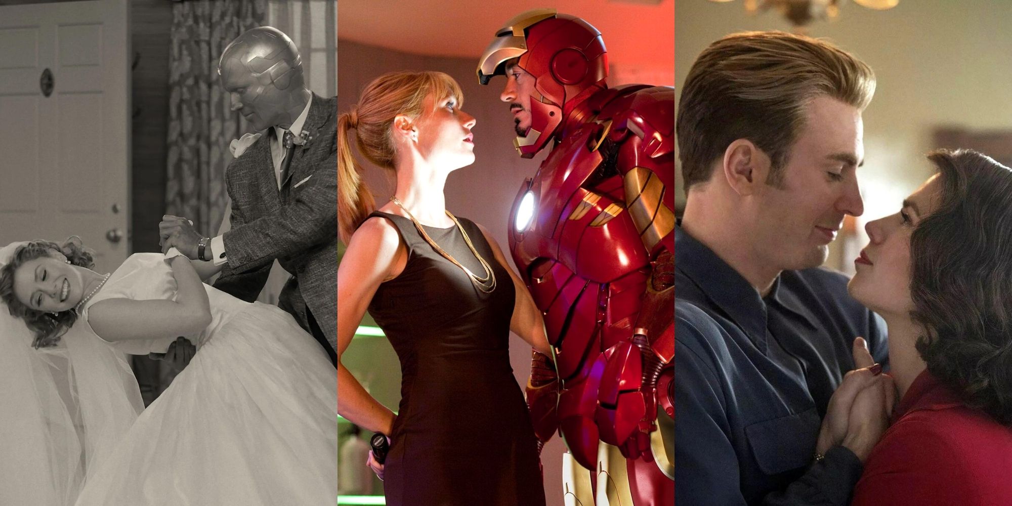 Wanda Maximoff and Vision in Wandavision, Tony Stark & Pepper Potts in Iron Man, Steve Rogers & Peggy Carter in Captain America