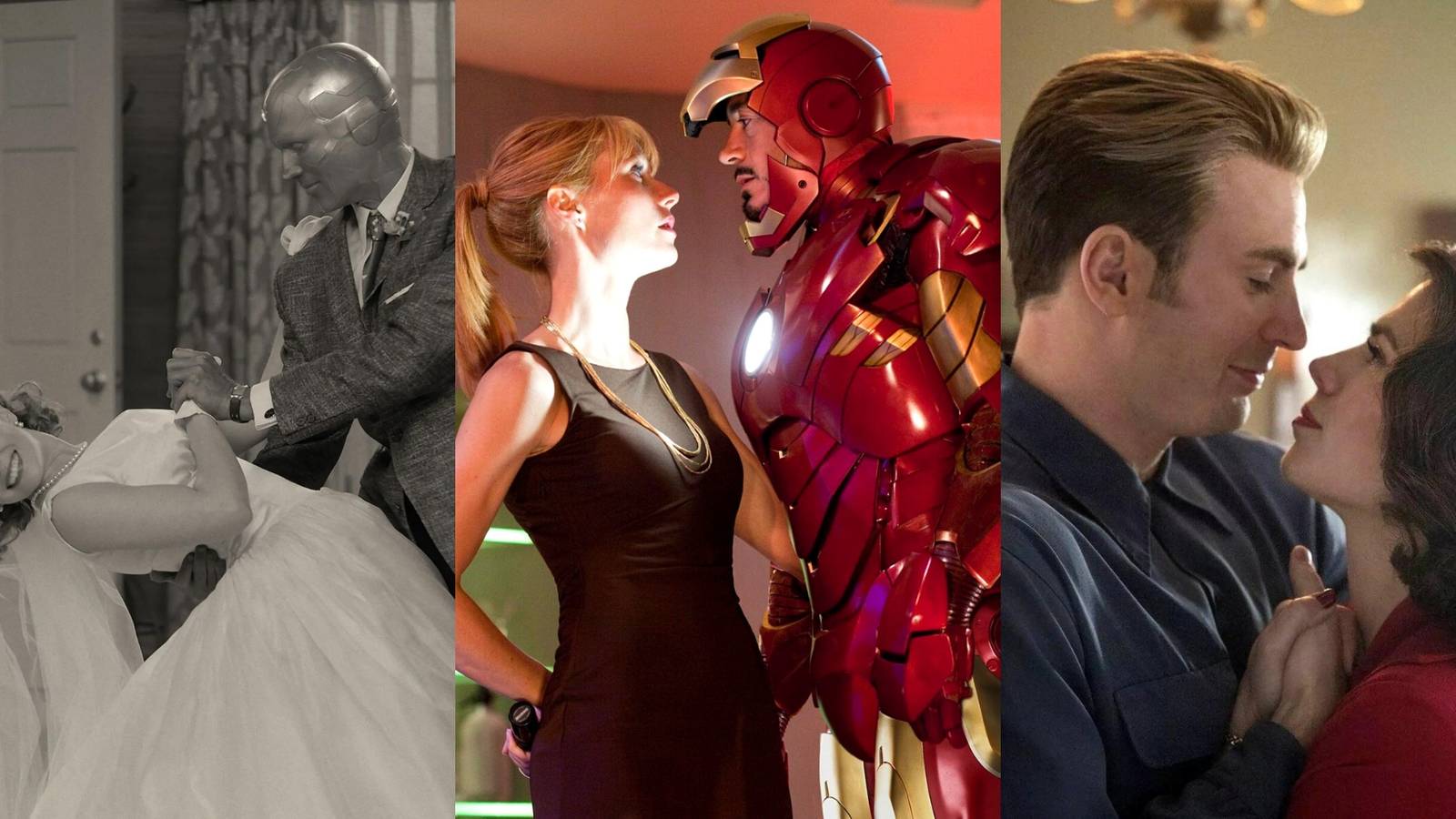 Wanda Maximoff and Vision in Wandavision, Tony Stark & Pepper Potts in Iron Man, Steve Rogers & Peggy Carter in Captain America