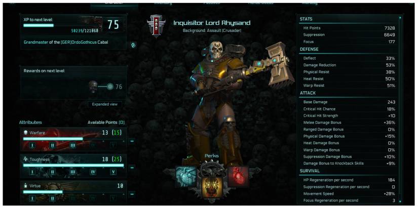 information screen for an Assault Crusader in Warhammer 40,000: Inquisitor - Martyr
