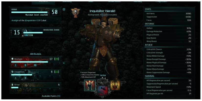 information screen for a Crusader in Warhammer 40,000: Inquisitor - Martyr