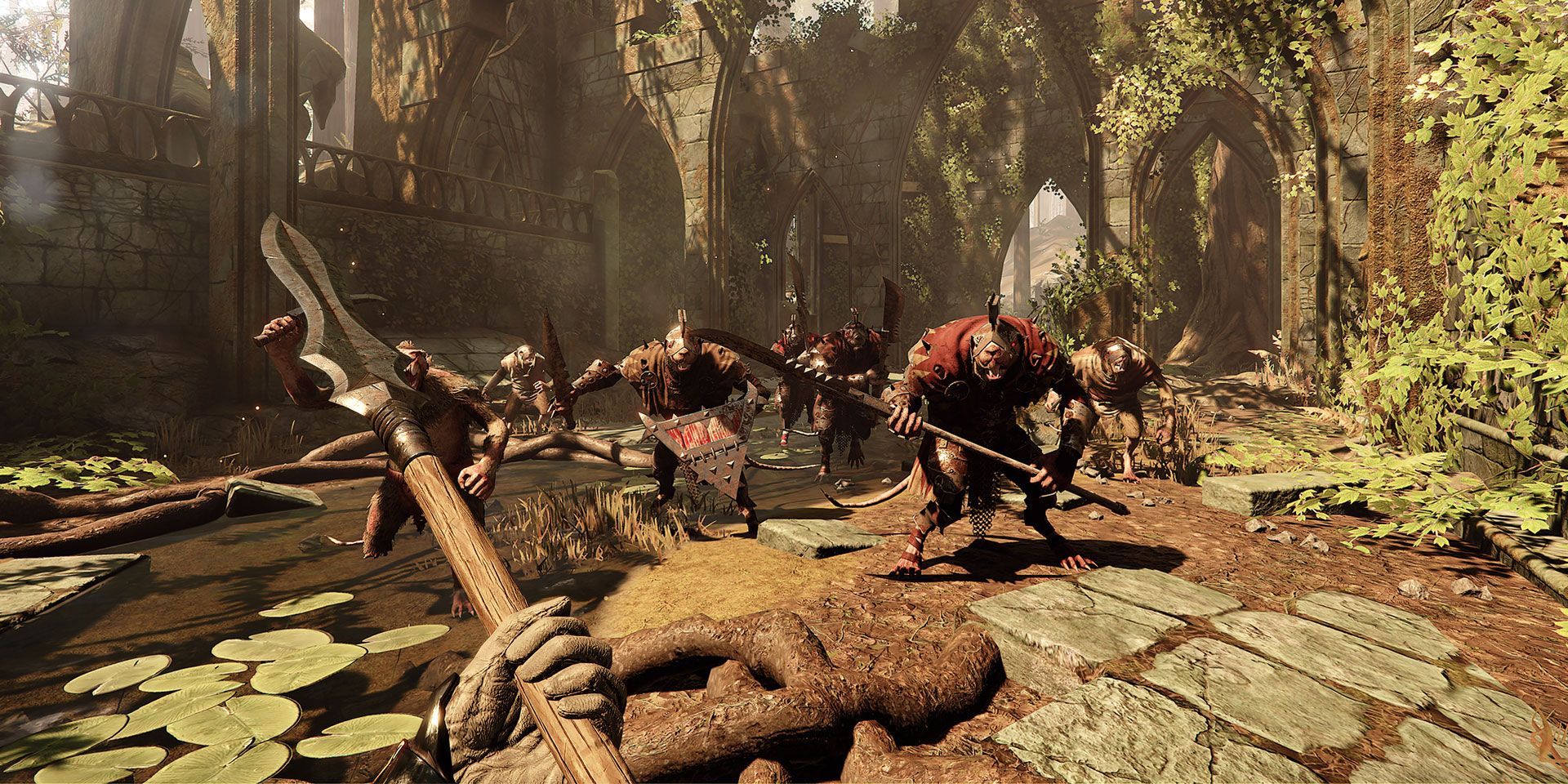 The player character faces multiple Skaven with a spear
