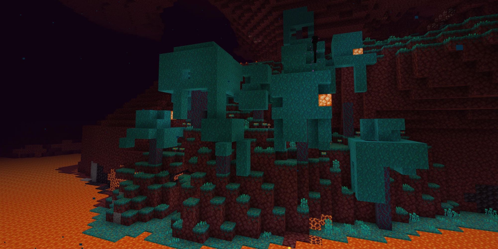 A Warped Forest in Minecraft next to lava