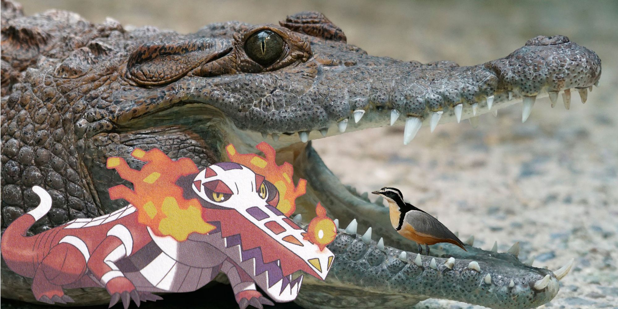 pokemon skeledirge next to a crocodile with a bird in its mouth