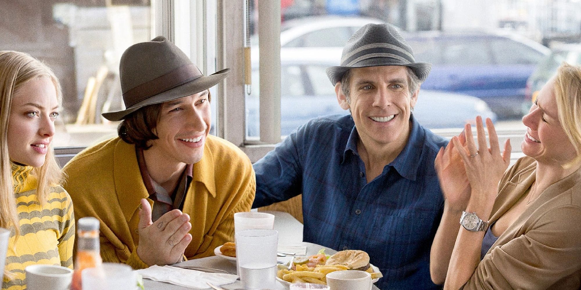 Amanda Seyfried, Adam Driver, Ben Stiller, and Naomi Watts having lunch in While We're Young