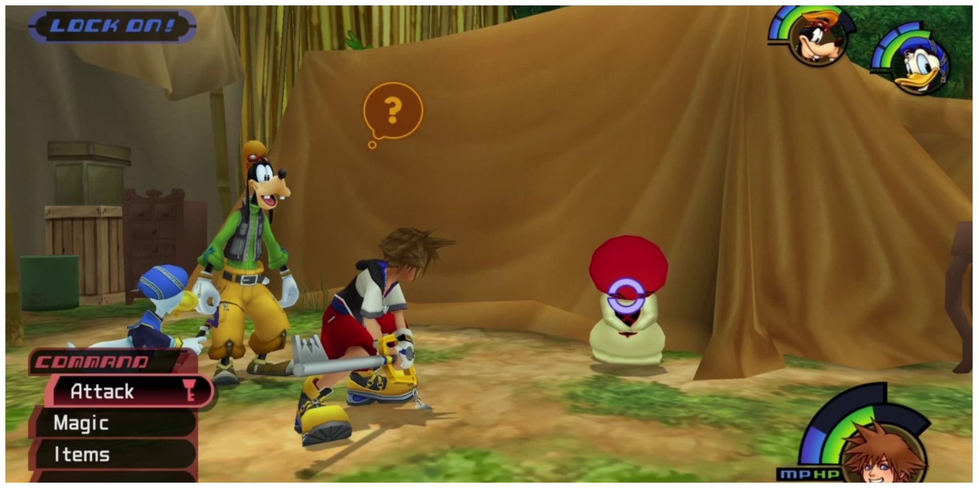 Sora, Donald, and Goofy face a White Mushroom in Kingdom Hearts 1