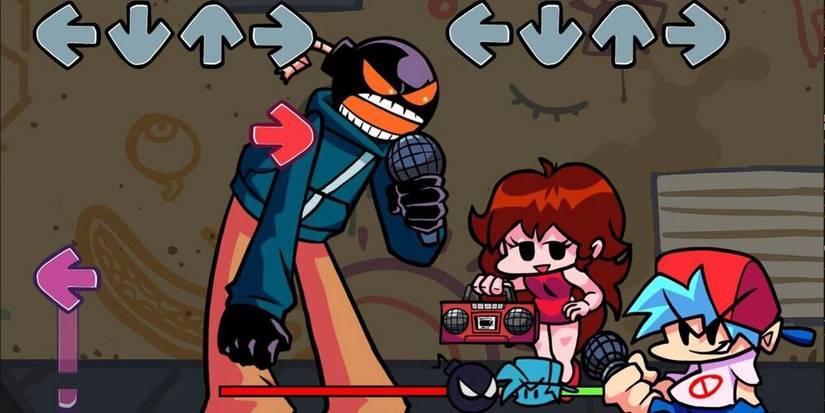 Whitty and Boyfriend battling in Friday Night Funkin' VS Whitty Mod, Girlfriend in background