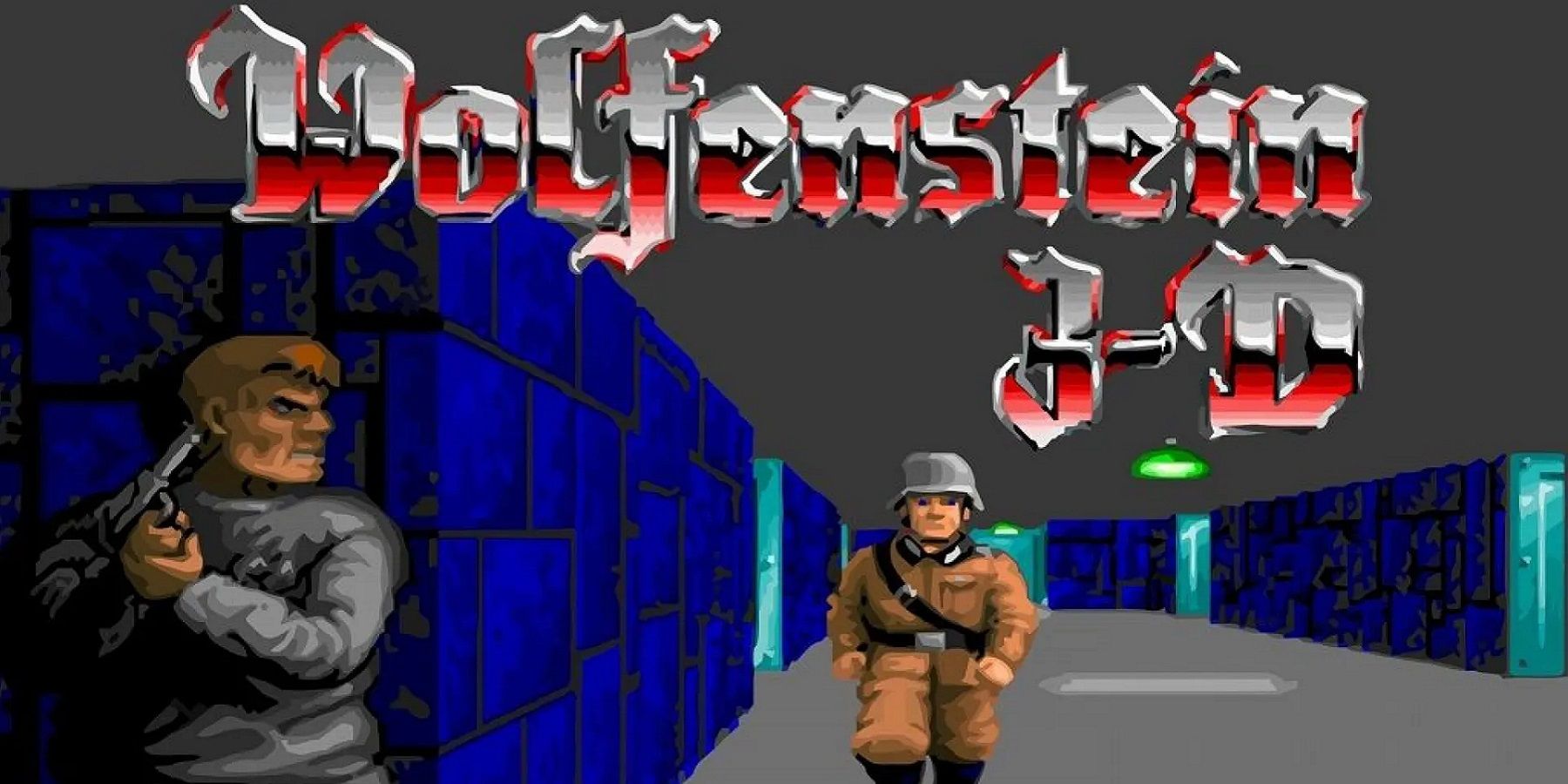 L'écran titre de Wolfenstein 3D montrant BJ Blazkowicz se cachant d'un soldat.