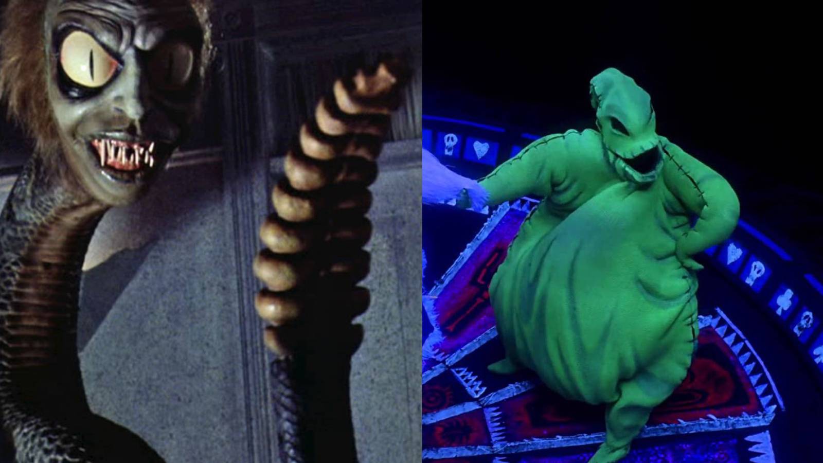 The horrifying snake from Beetlejuice and Oogie Boogie from Nightmare before Christmas.