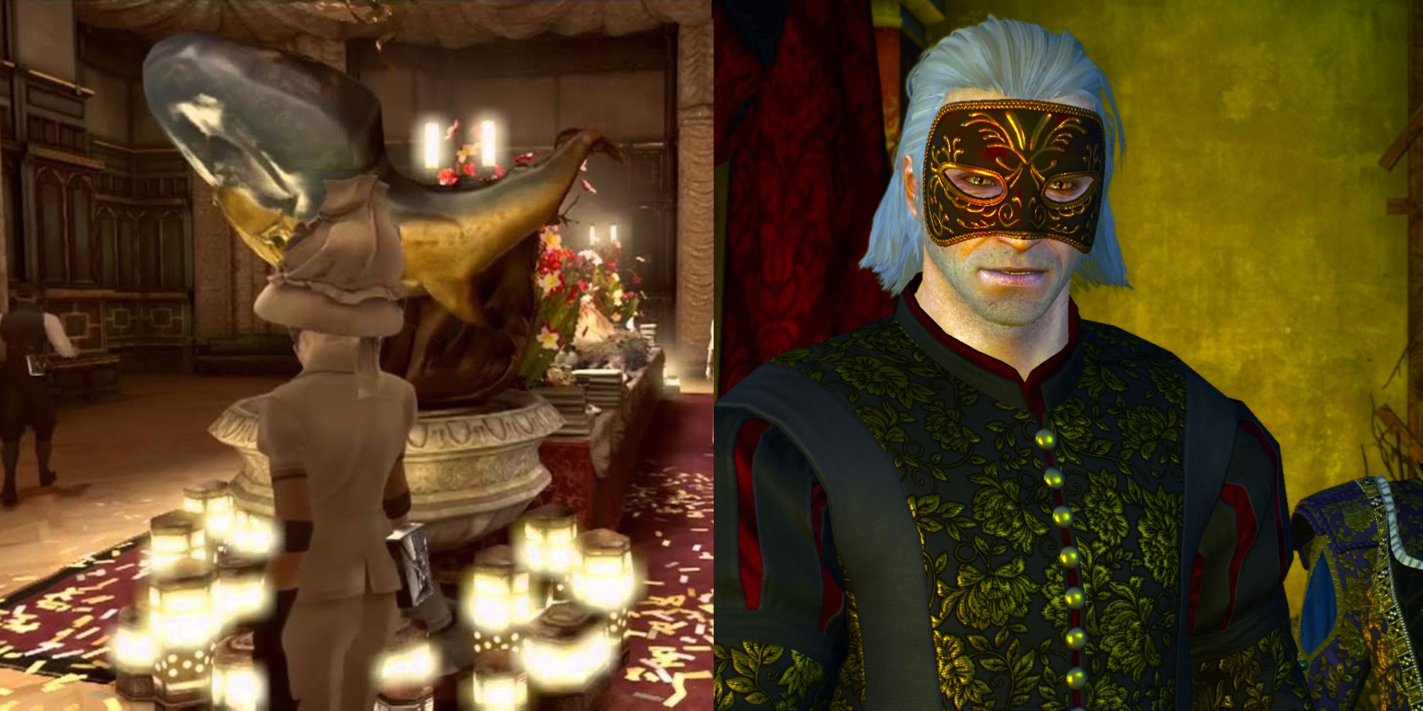 A split image demonstrating the masquerade infiltration missions from Dishonored and The Witcher 3.