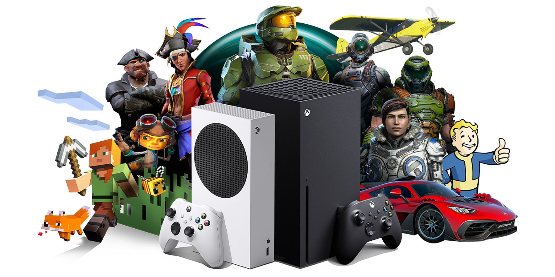 xbox all access graphic showing an xbox series x and xbox series s surrounded by xbox characters