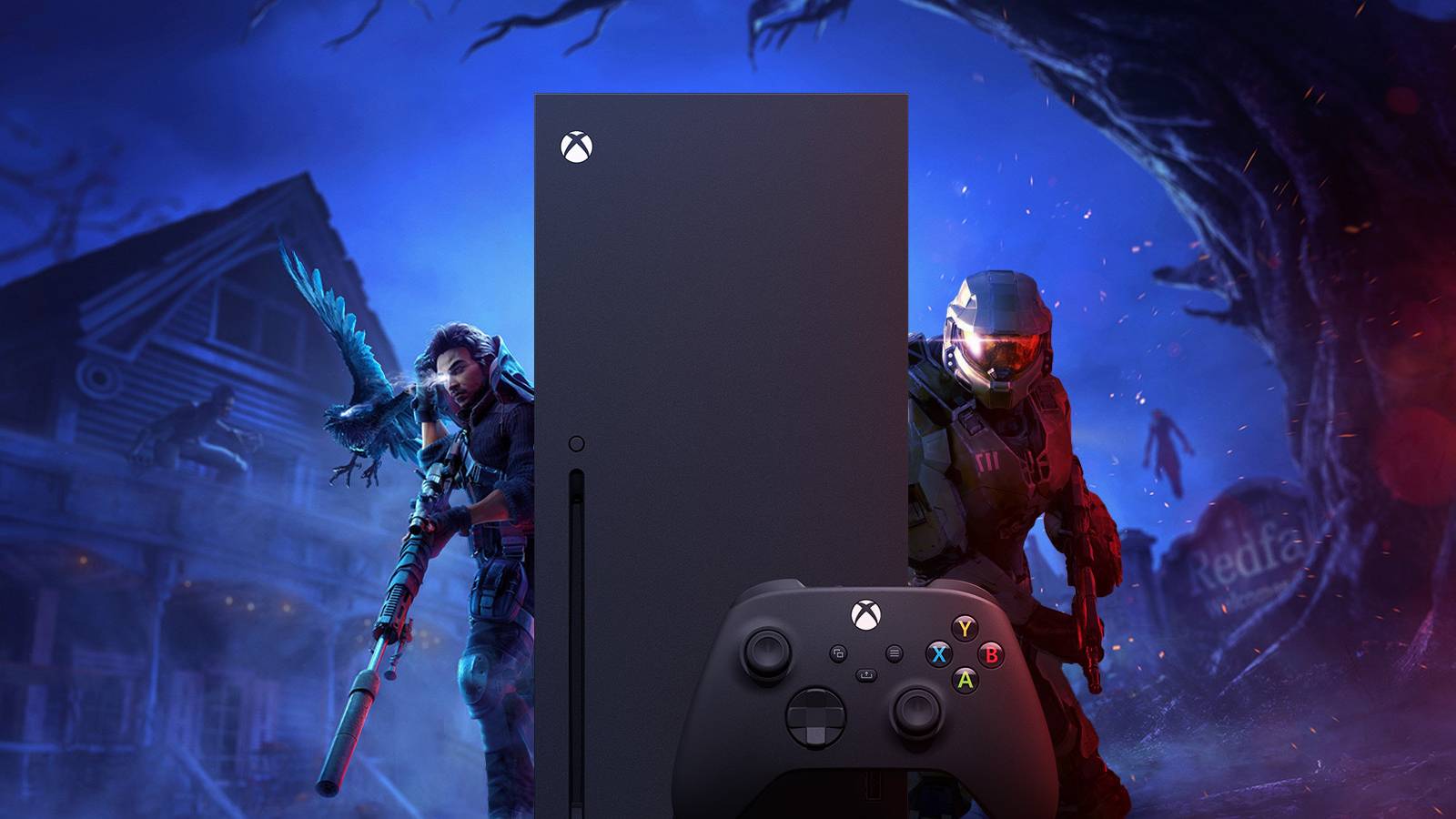 xbox series x console with redfall and halo