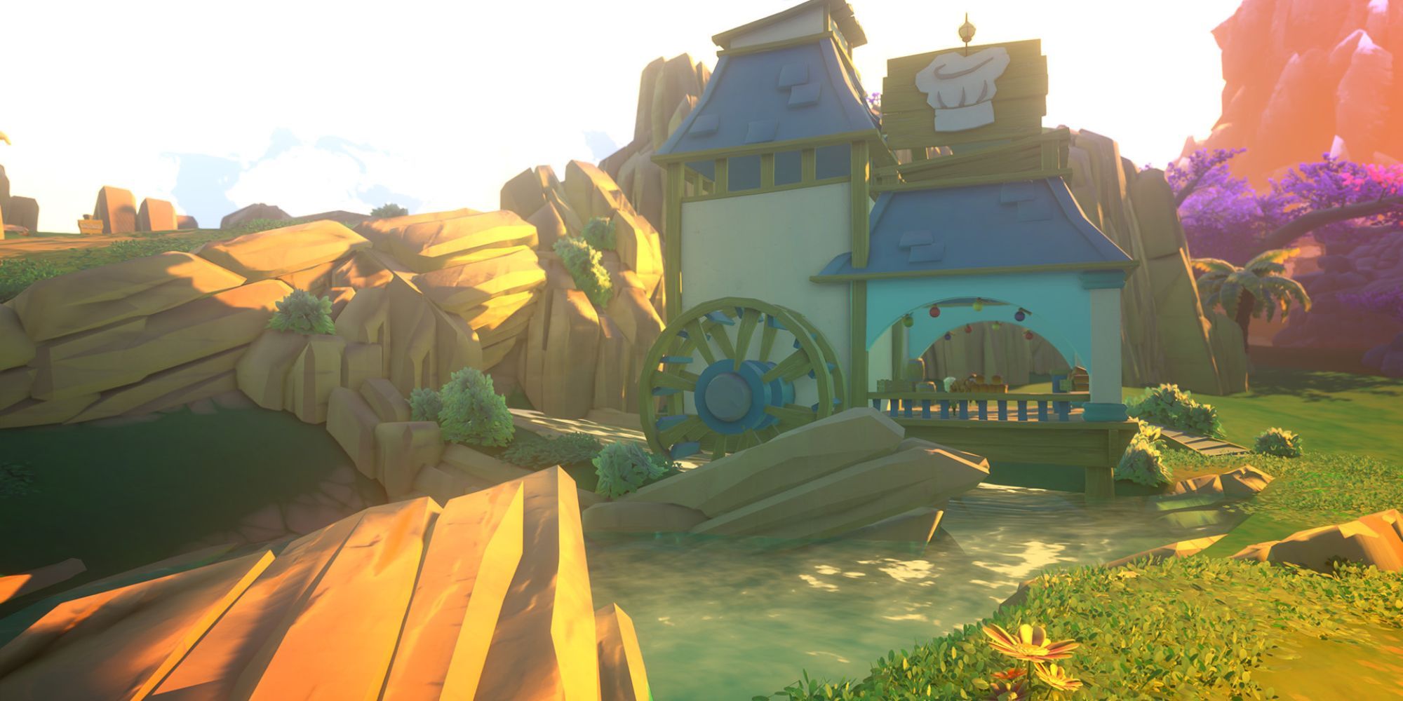 A water mill in the sunrise in Yonder: The Cloud Catcher Chronicles