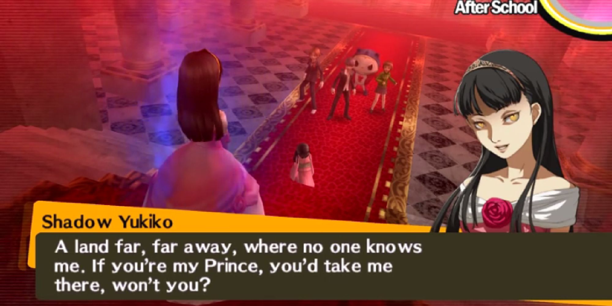 Shadow Yukiko addresses the party, her dialogue shown in a text speech at the bottom of the screen.