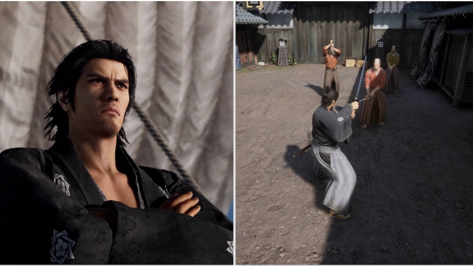 Ryoma and fighting enemies in Like a Dragon Ishin