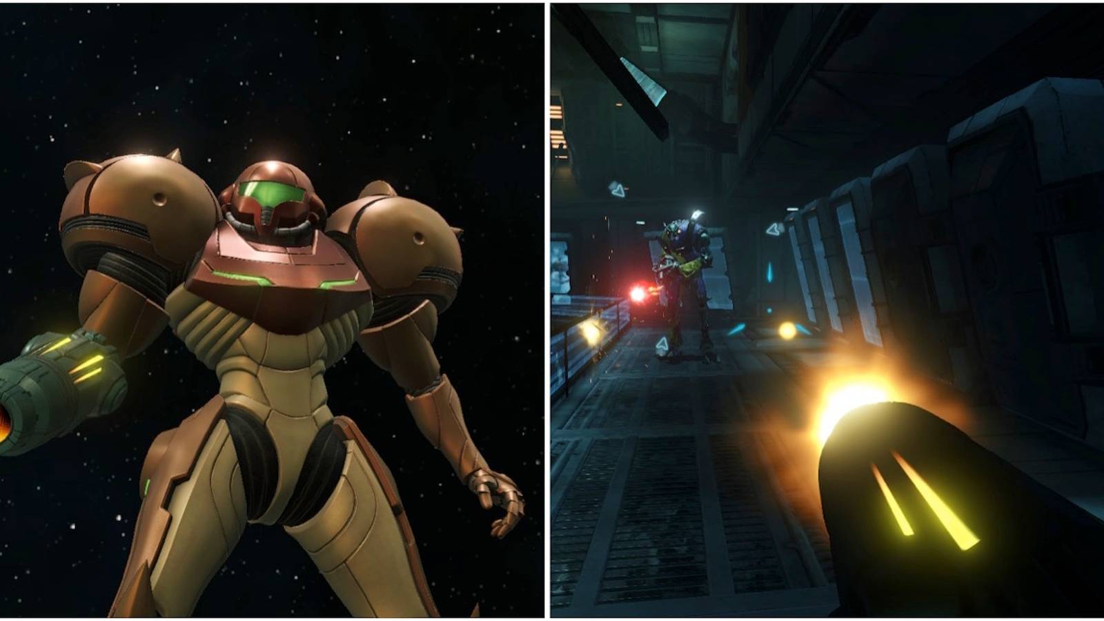 Samus and fighting enemies in Metroid Prime Remastered