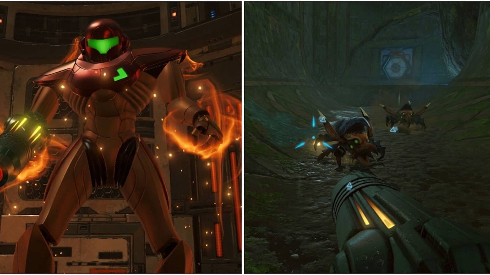 Samus and fighting enemies in Metroid Prime Remastered