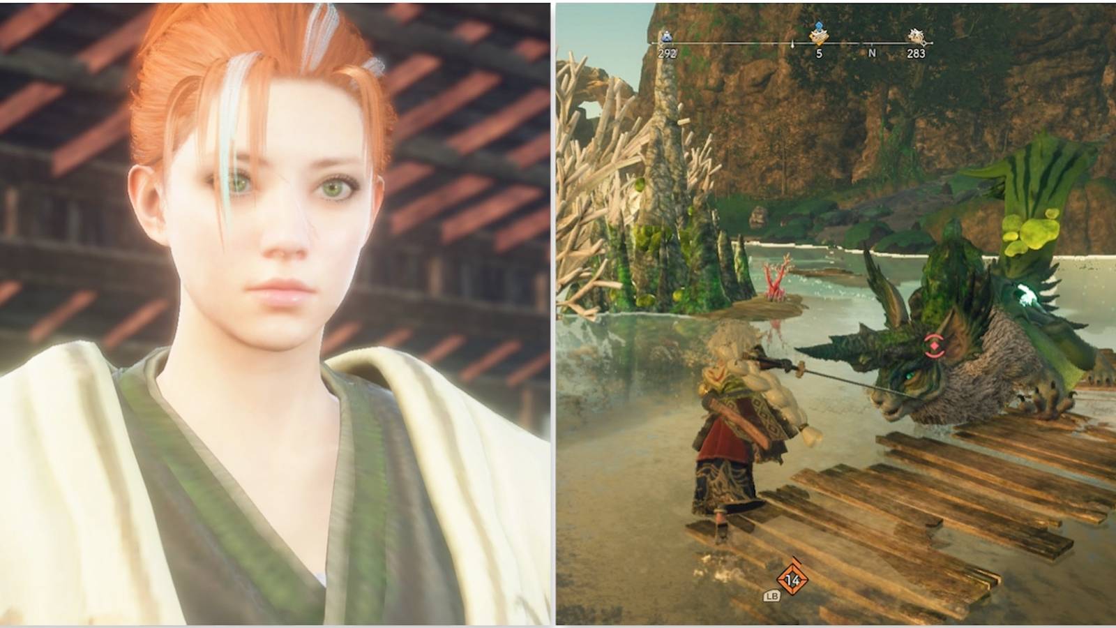 The player character and fighting a Kemono in Wild Hearts