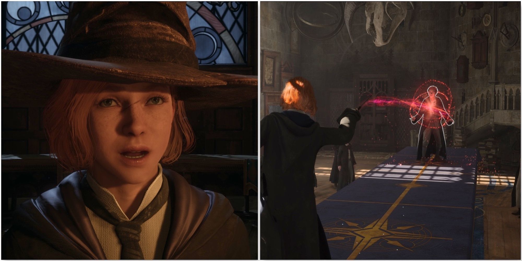 Your character and fighting enemies in Hogwarts Legacy