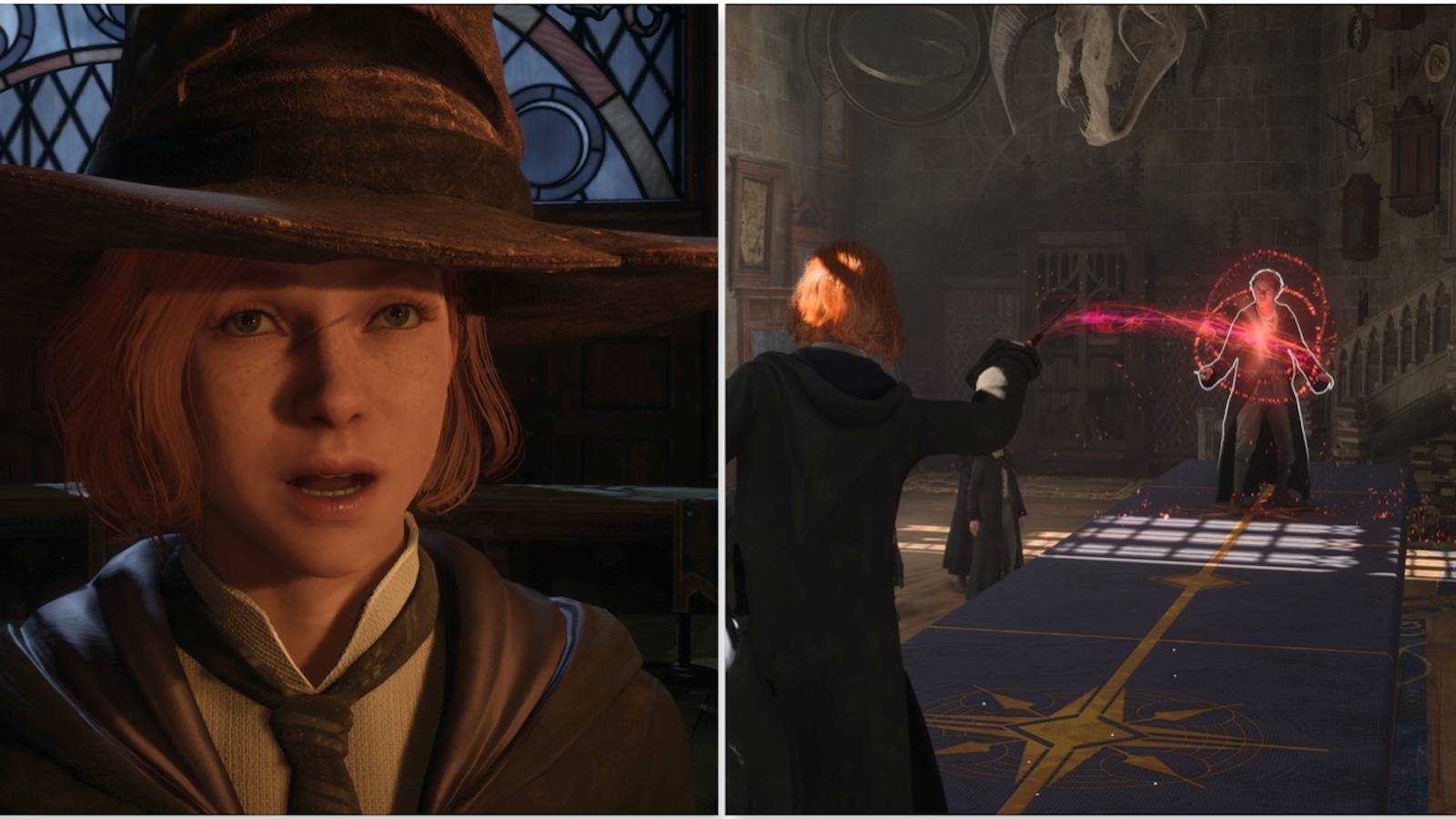 Your character and fighting enemies in Hogwarts Legacy