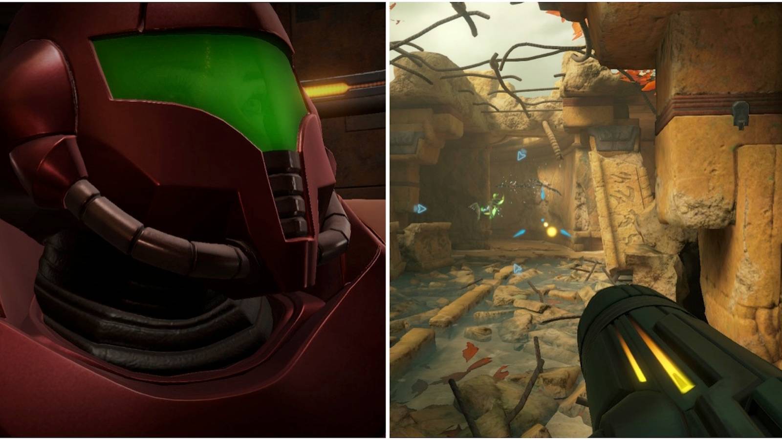 Samus and fighting enemies in Metroid Prime Remastered