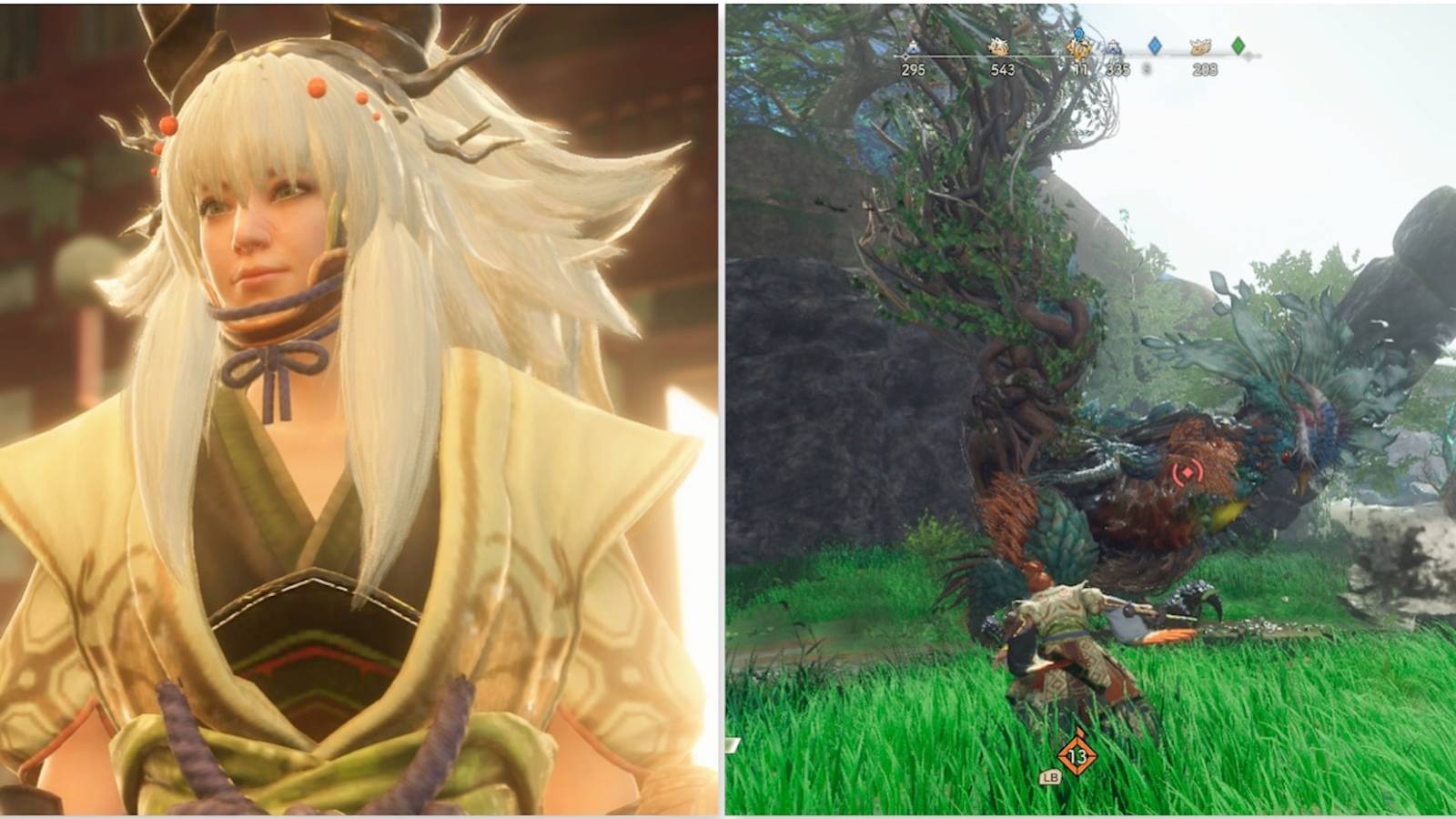 The player character and fighting a Kemono in Wild Hearts