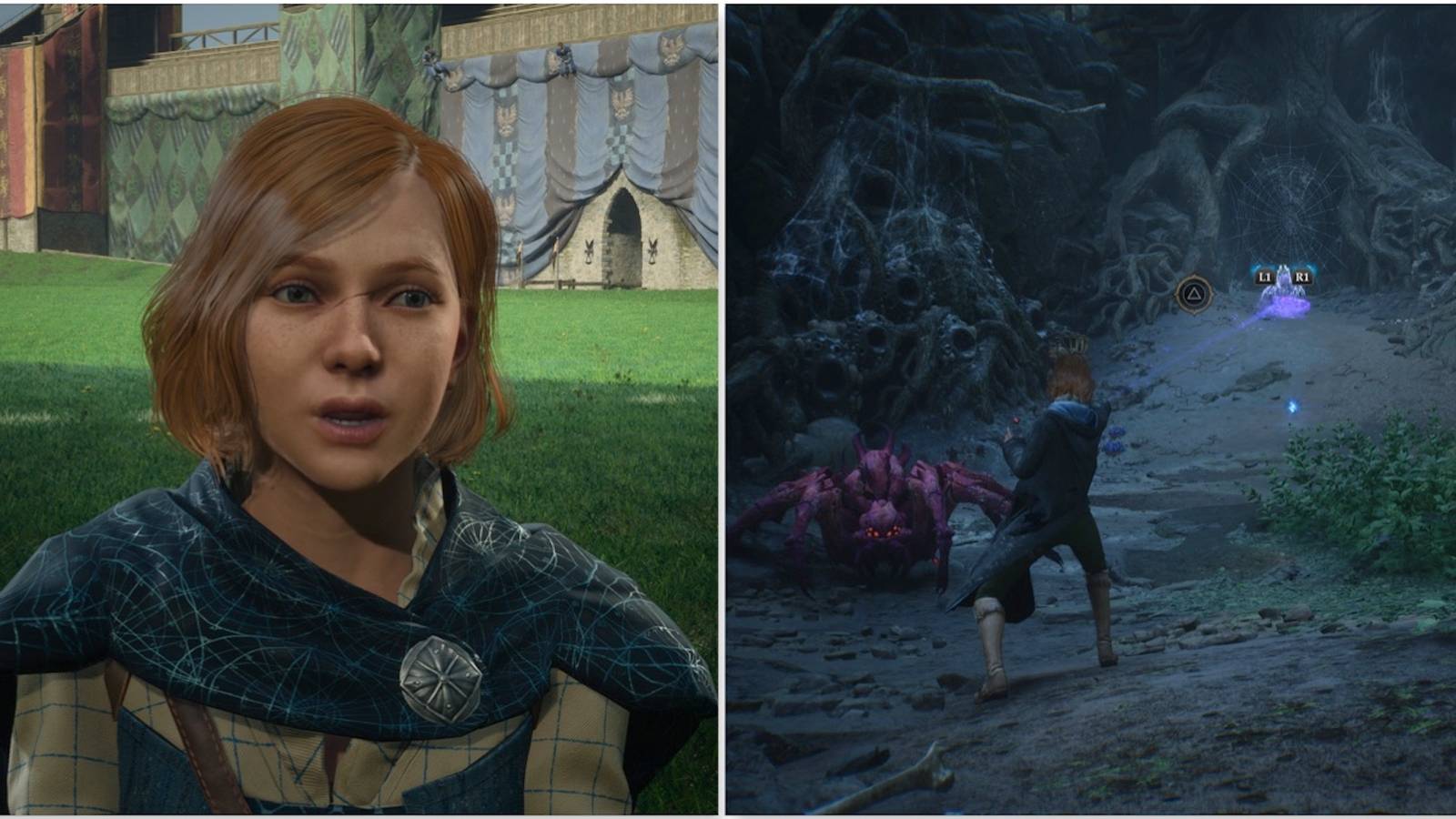 Your character and fighting enemies in Hogwarts Legacy