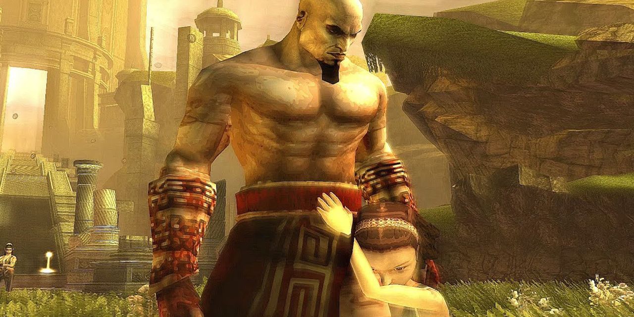 Kratos stands as his daughter holds onto him desperately in God of War: Chains of Olympus