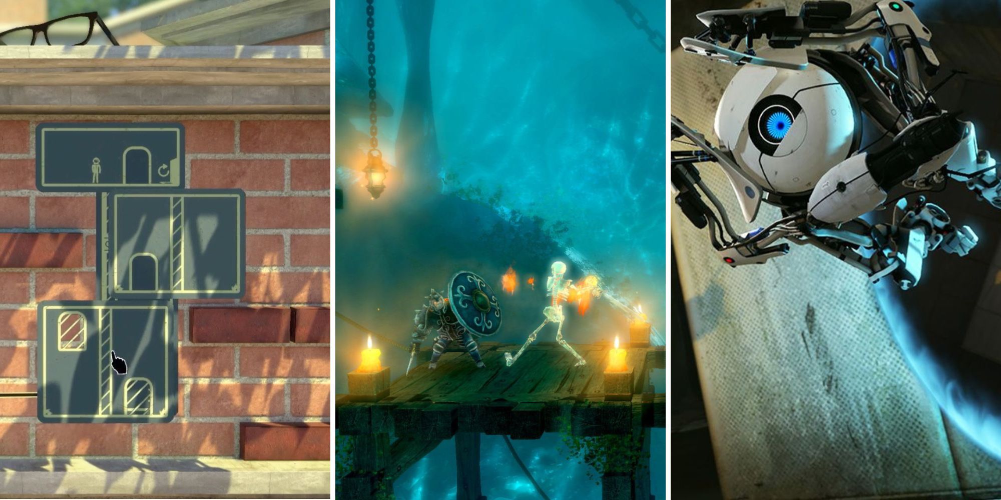 A grid showing the three puzzle platformers The Pedestrian, Trine, and Portal 2