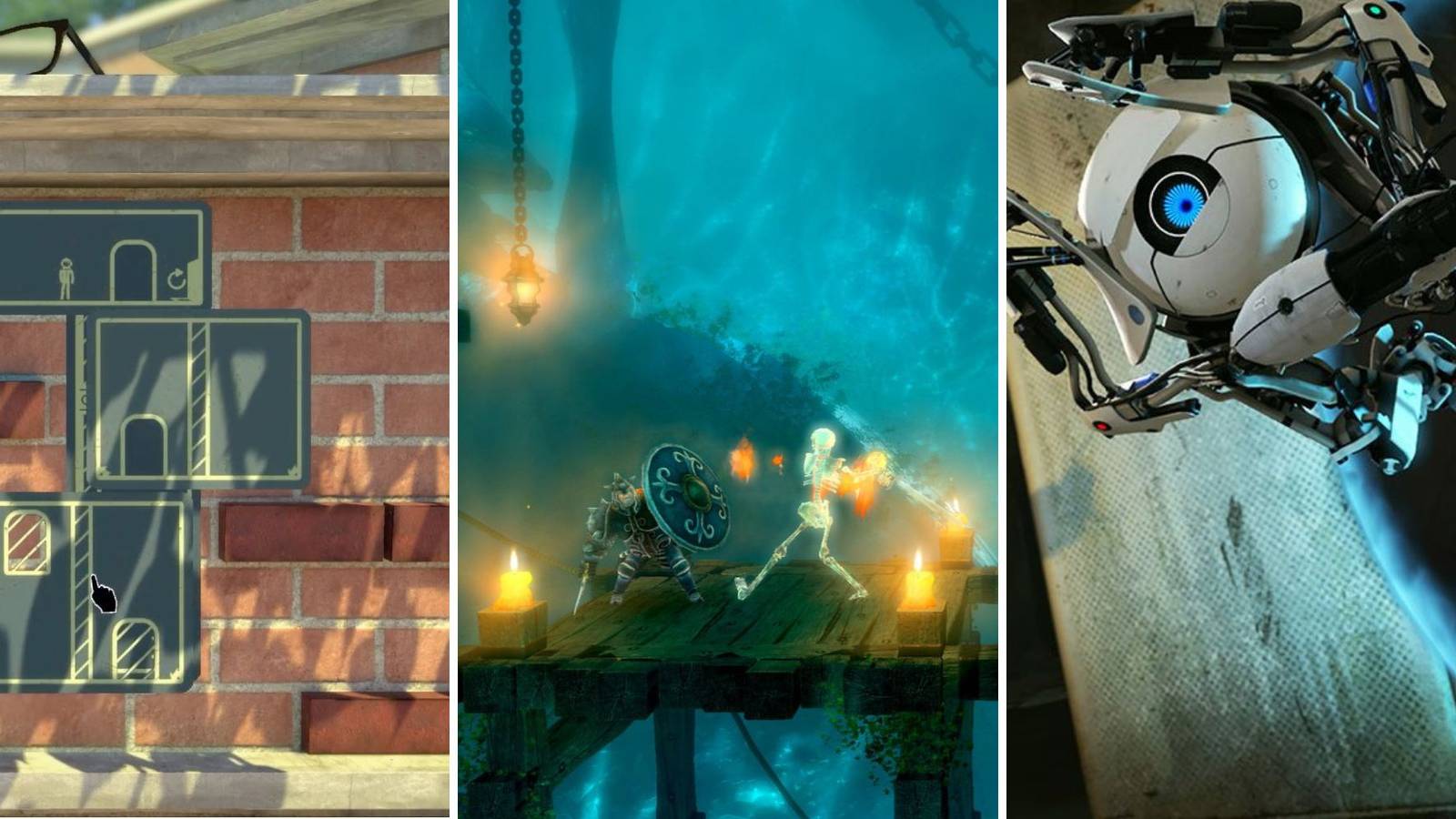 A grid showing the three puzzle platformers The Pedestrian, Trine, and Portal 2