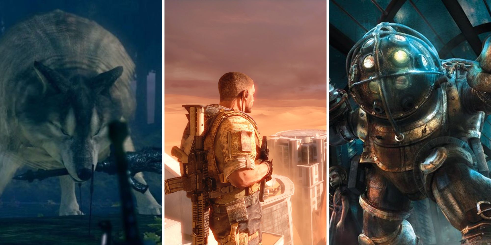 A grid of images showing the three games Dark Souls, Special Ops: The Line, and Bioshock