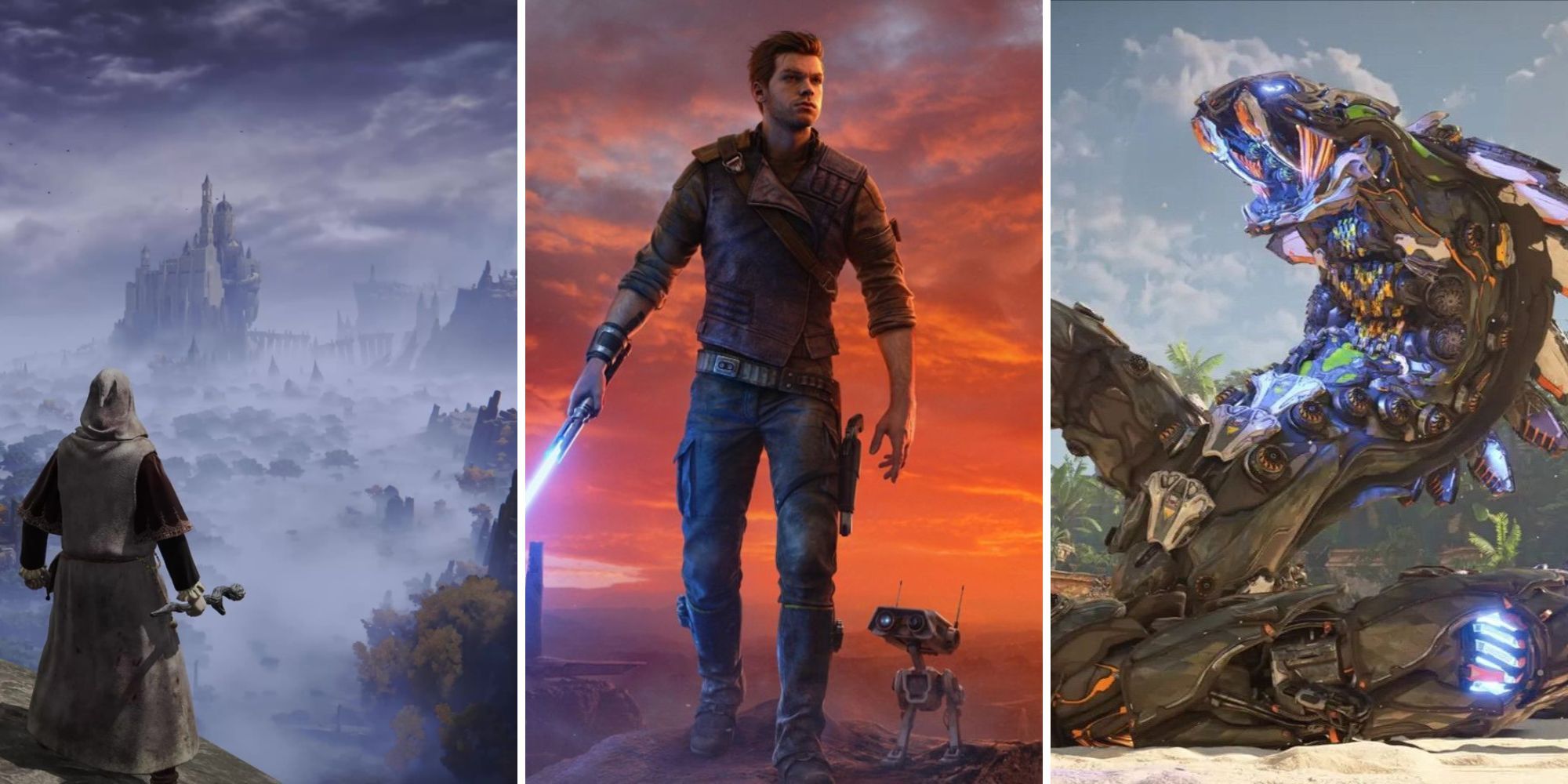 A grid of images from the games Elden Ring, Star Wars Jedi: Survivor, and Horizon: Forbidden West