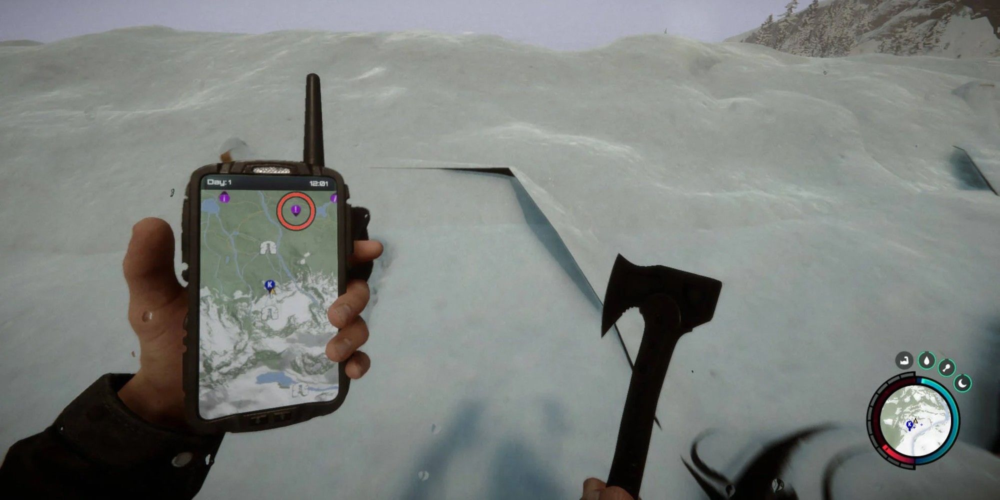 the player holding a gps and an axe in sons of the forest