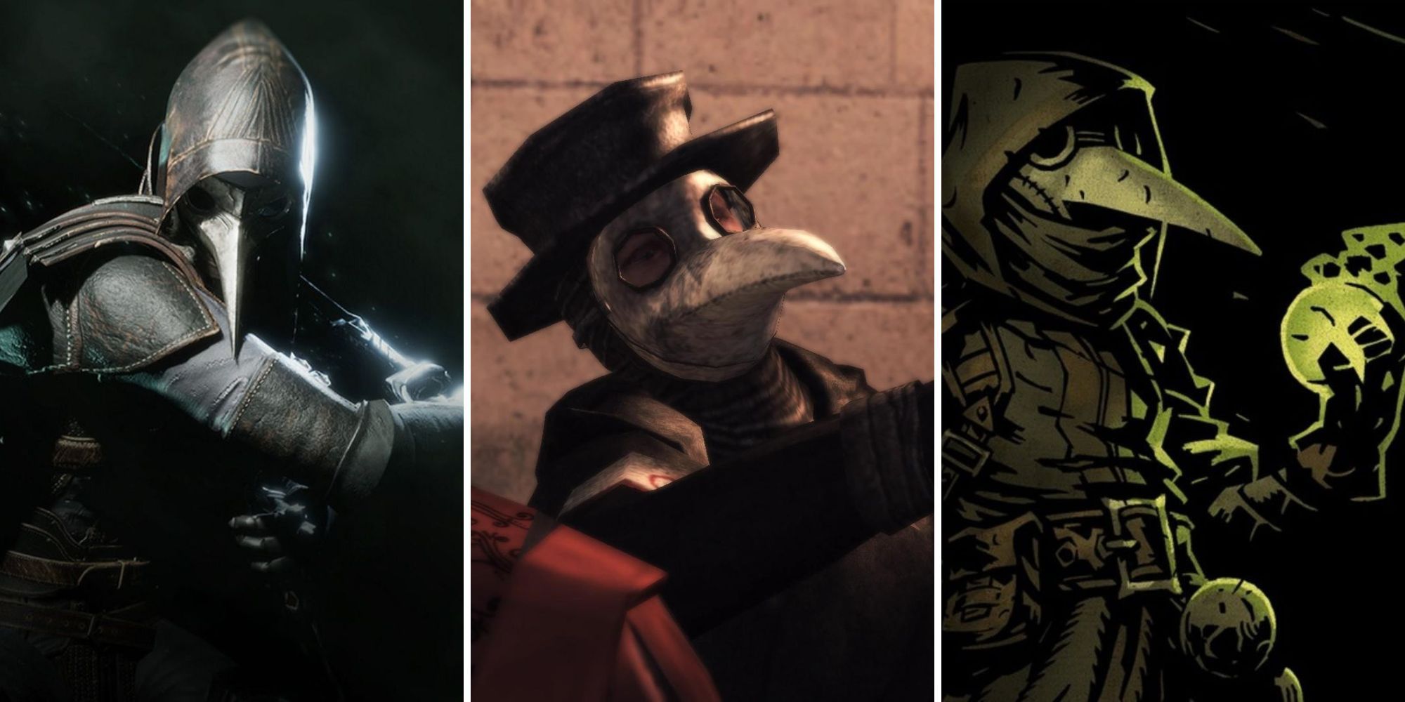 A grid of images showing three plague doctors from Thymesia, Assassin's Creed 2, and Darkest Dungeon