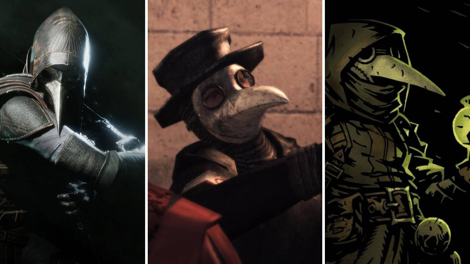 A grid of images showing three plague doctors from Thymesia, Assassin's Creed 2, and Darkest Dungeon