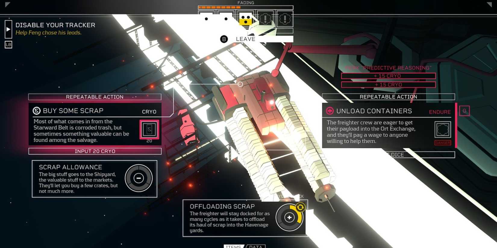 A screenshot showing the Scrap Freighter from Citizen Sleeper.