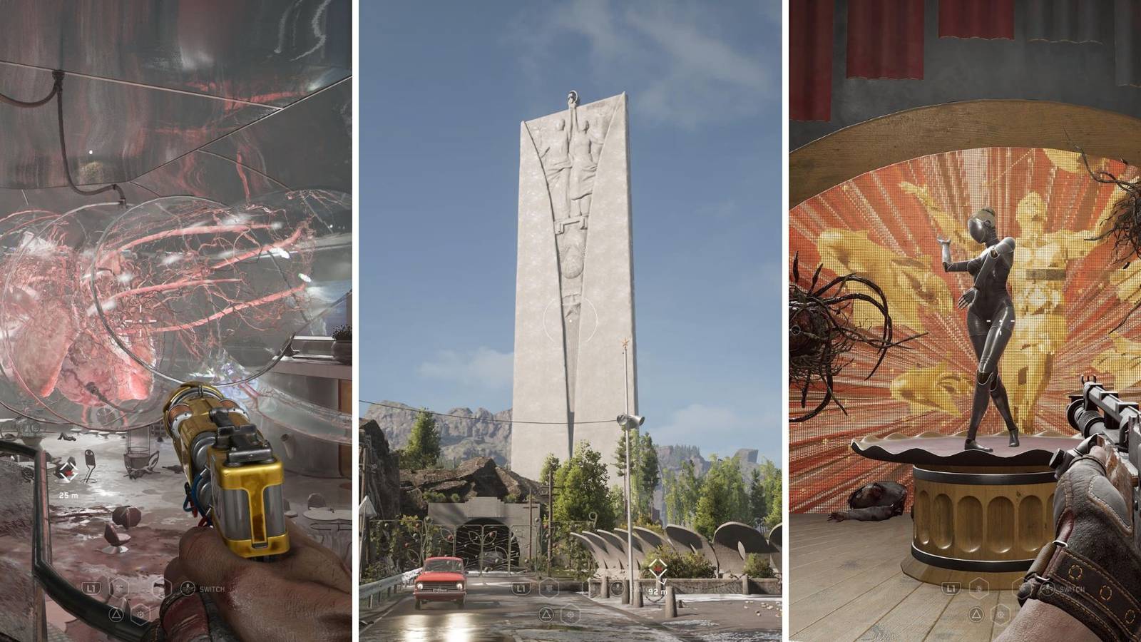 A grid of images showing three different places in Atomic Heart