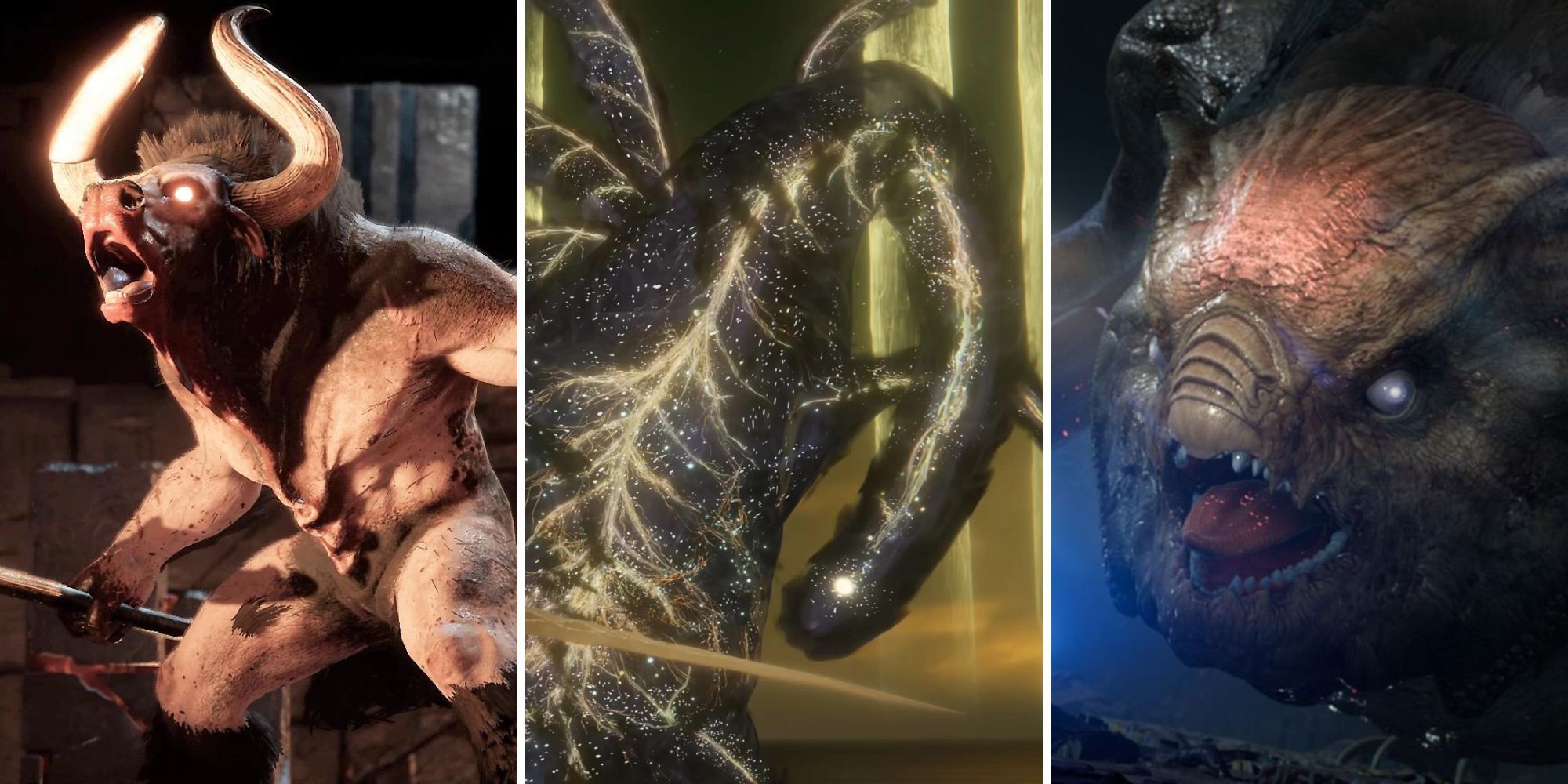 A grid of three mythical beasts from Assassin's Creed Odyssey, Elden Ring, and Star Wars Jedi: Fallen Order