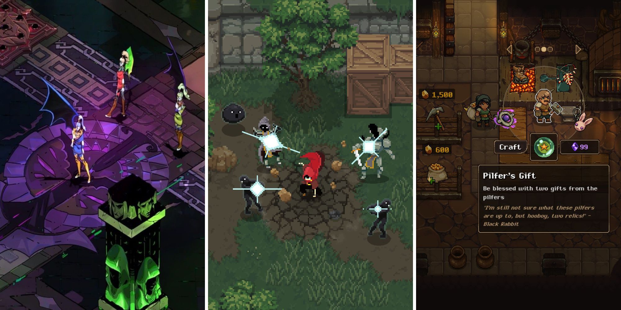A grid of images showing the three roguelike games Hades, Wizard of Legend, and UnderMine