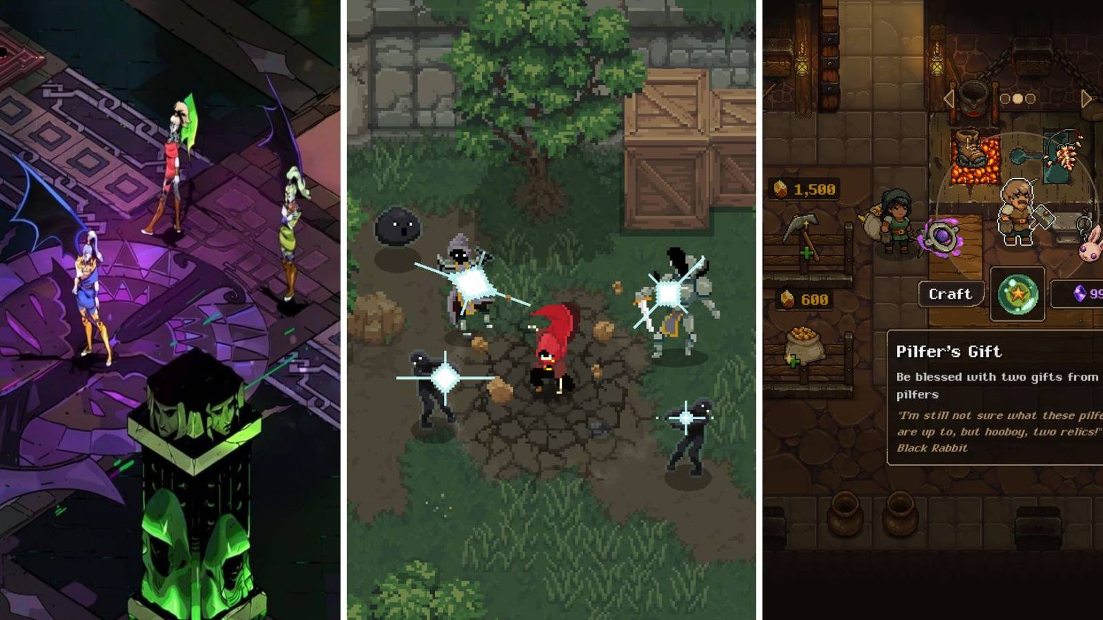 A grid of images showing the three roguelike games Hades, Wizard of Legend, and UnderMine